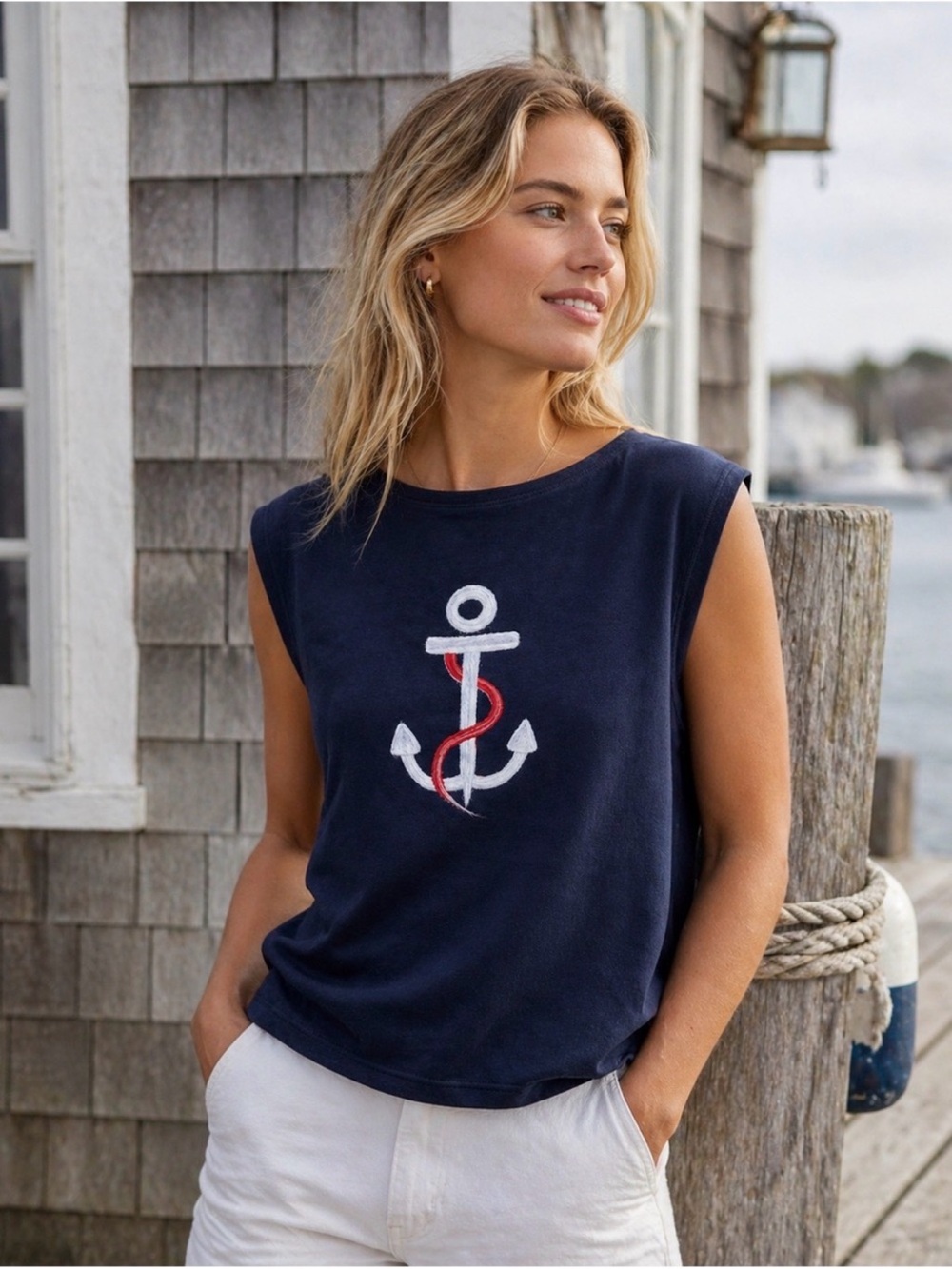 NEW AAEDA Women XL Navy Anchor Graphic Nautical Sleeveless Knit Top sweater